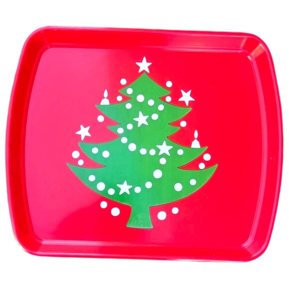 Red Christmas Tree Serving Tray Holiday Vintage Plastic Dinner Party Decor - Picture 13 of 16